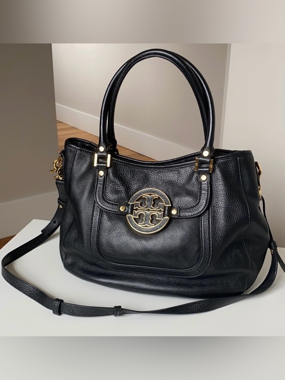 Tory Burch Amanda Black Leather Satchel Crossbody with Gold Logo